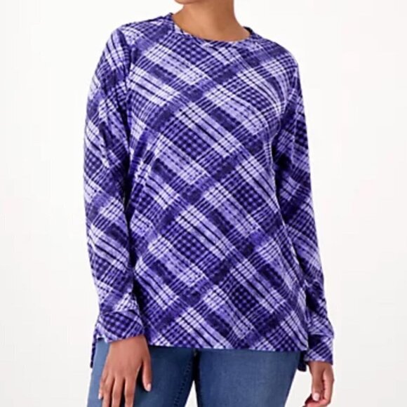 NEW Denim & Co. Women's Blue Plaid Top Velour Pullover Long Sleeves Hi Low Hem M - Picture 2 of 10